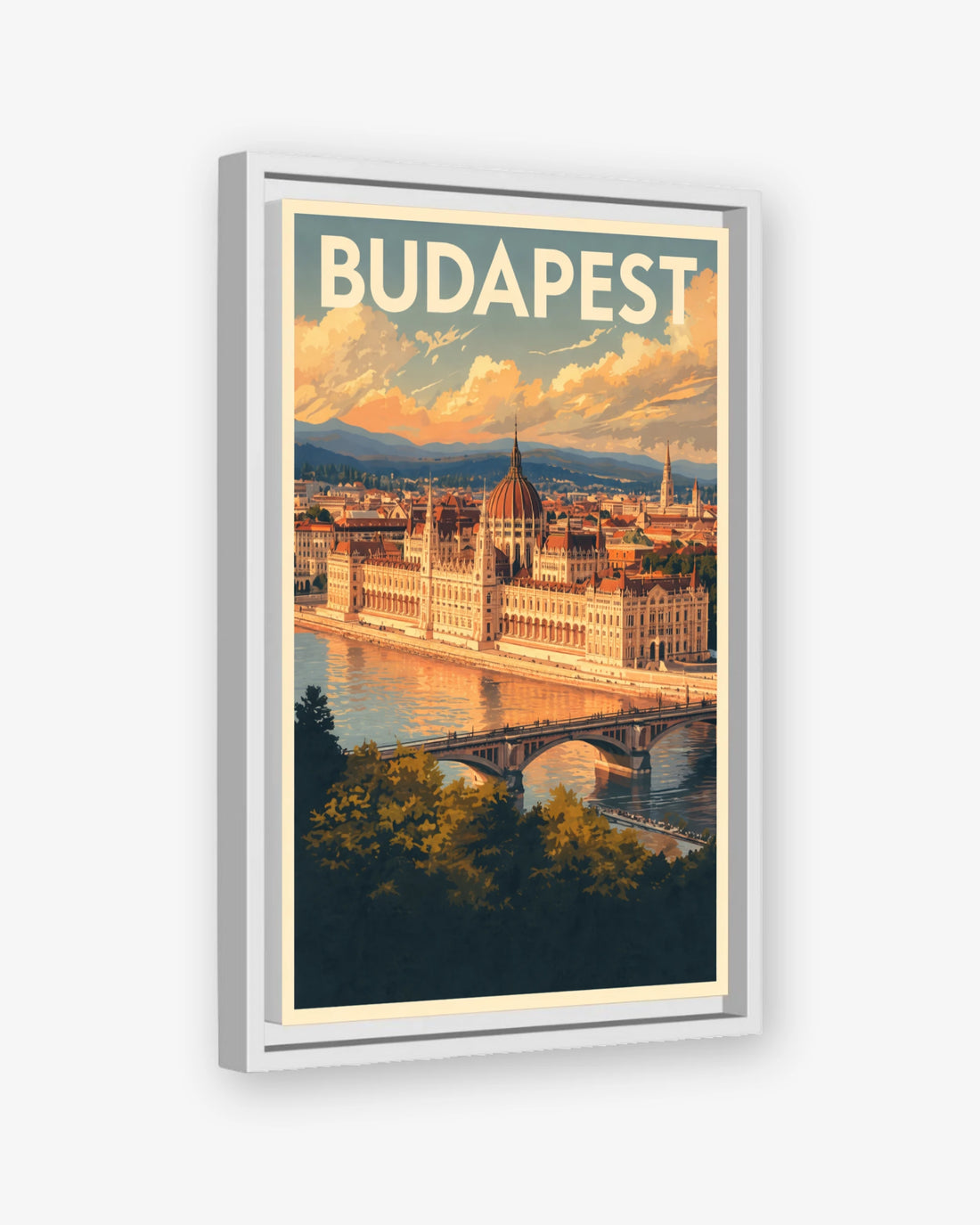 Budapest travel poster white framed canvas
