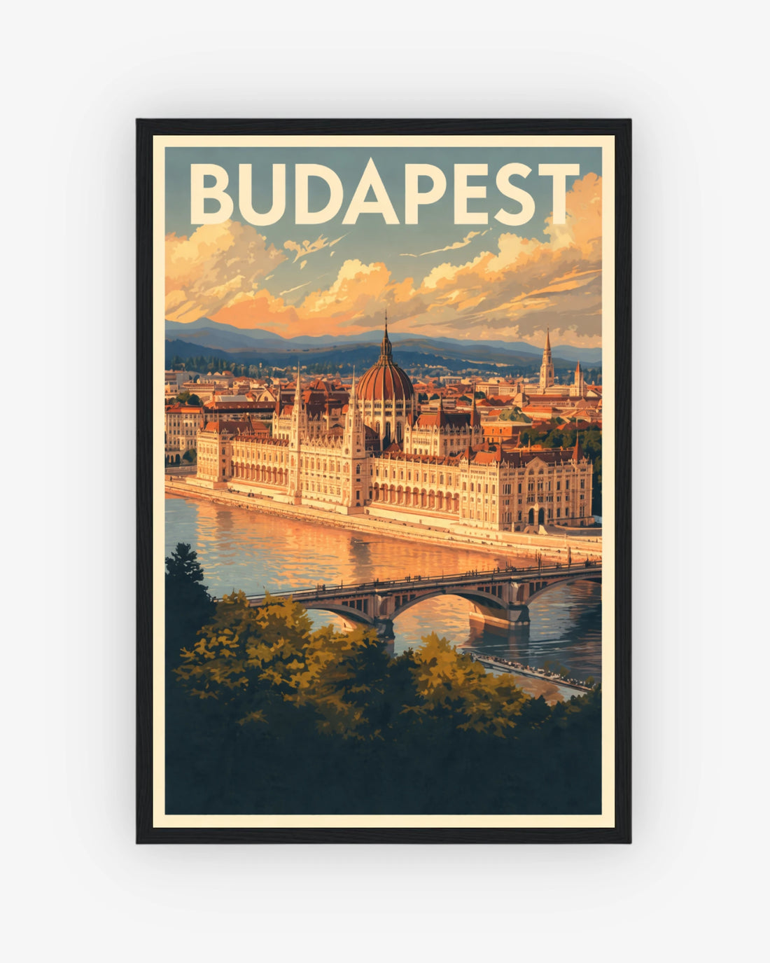 Budapest travel poster with black frame