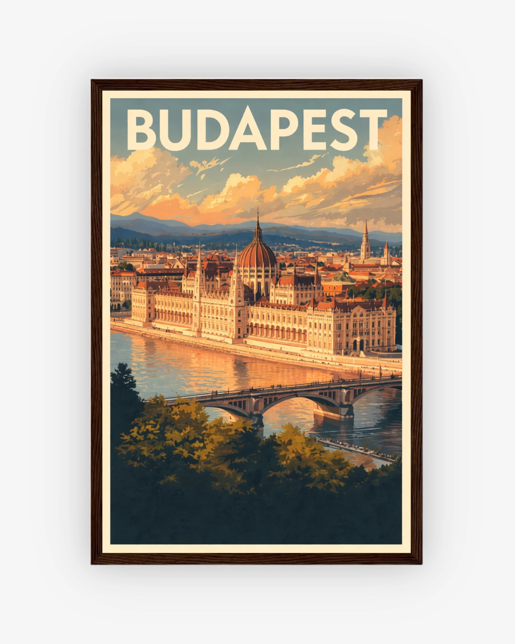 Budapest travel poster with dark wood frame