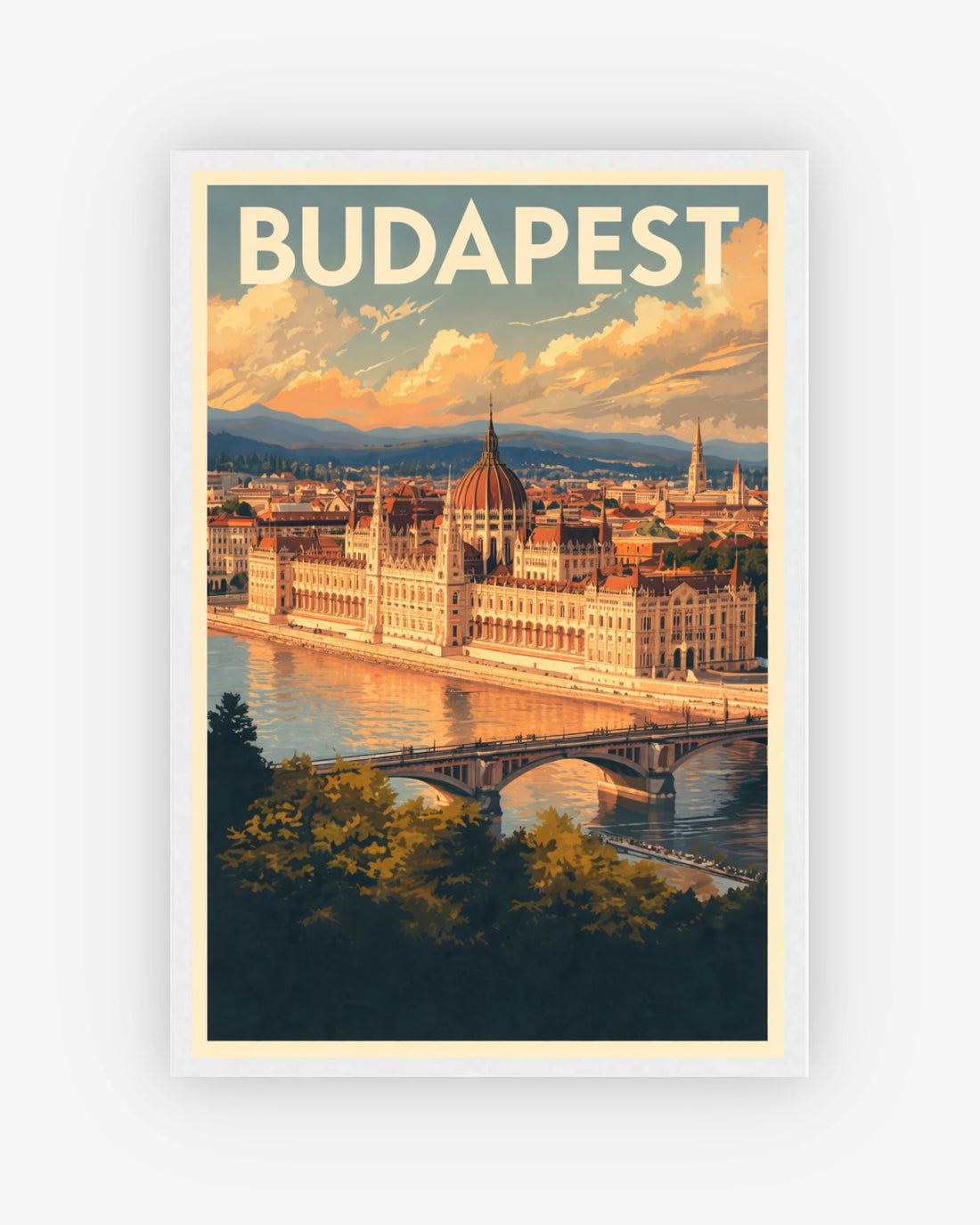 Budapest travel poster with white frame