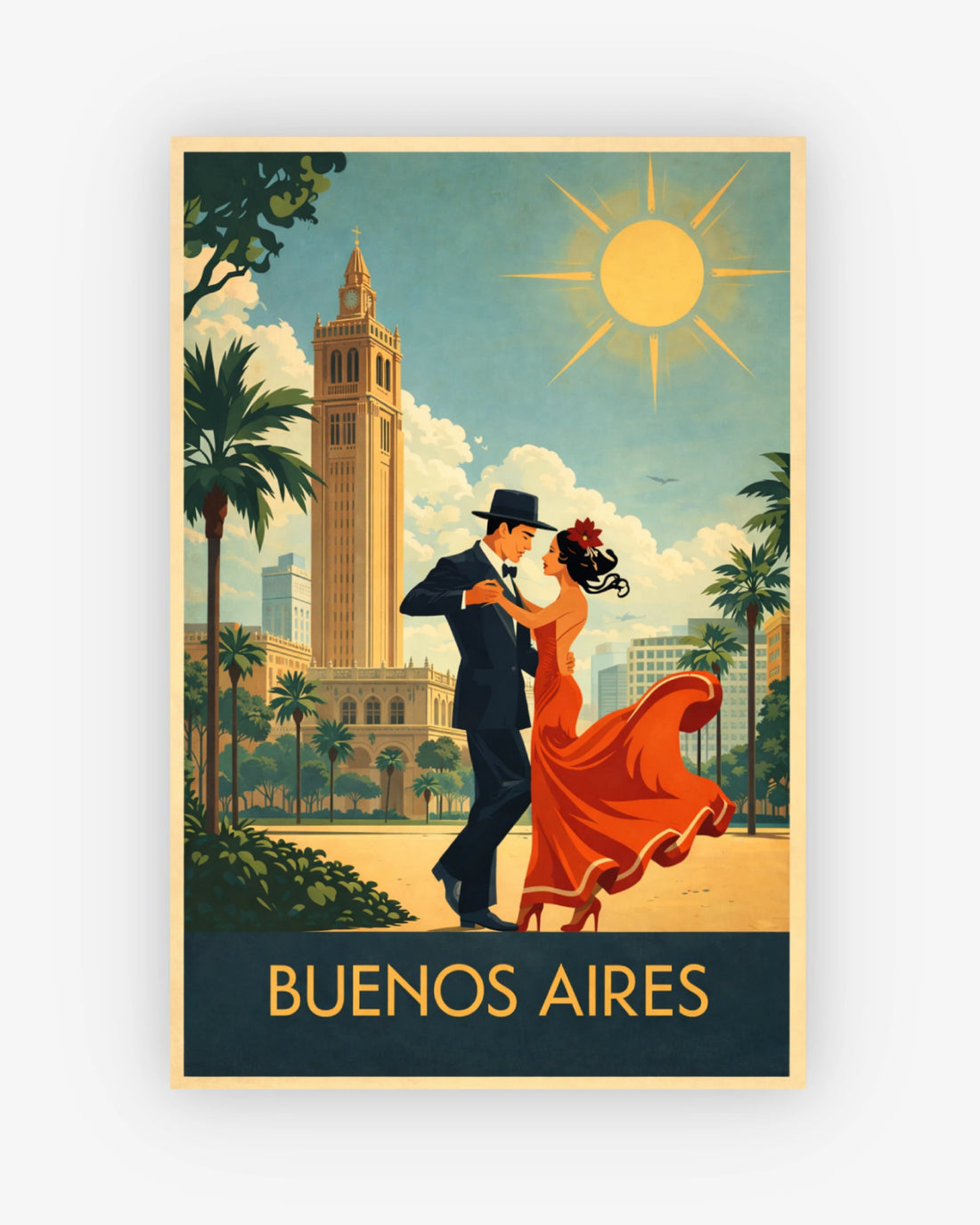 Vintage-style poster of a couple dancing with a tower and palm trees in the background, featuring the text 'Buenos Aires'.