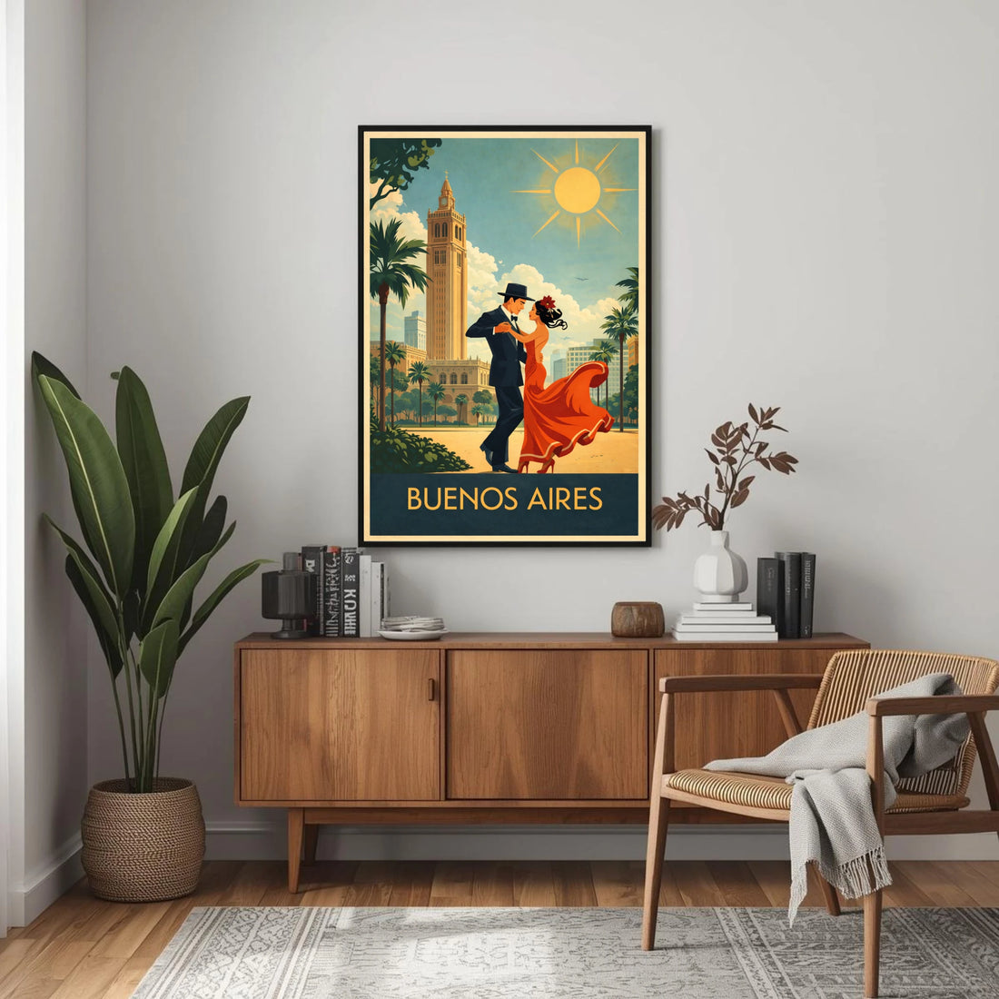Framed artwork of a couple dancing in Buenos Aires above a wooden sideboard in a room.