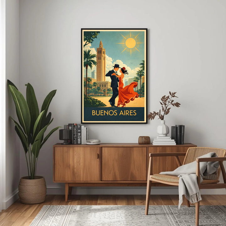 Framed artwork of a couple dancing in Buenos Aires above a wooden sideboard in a room.