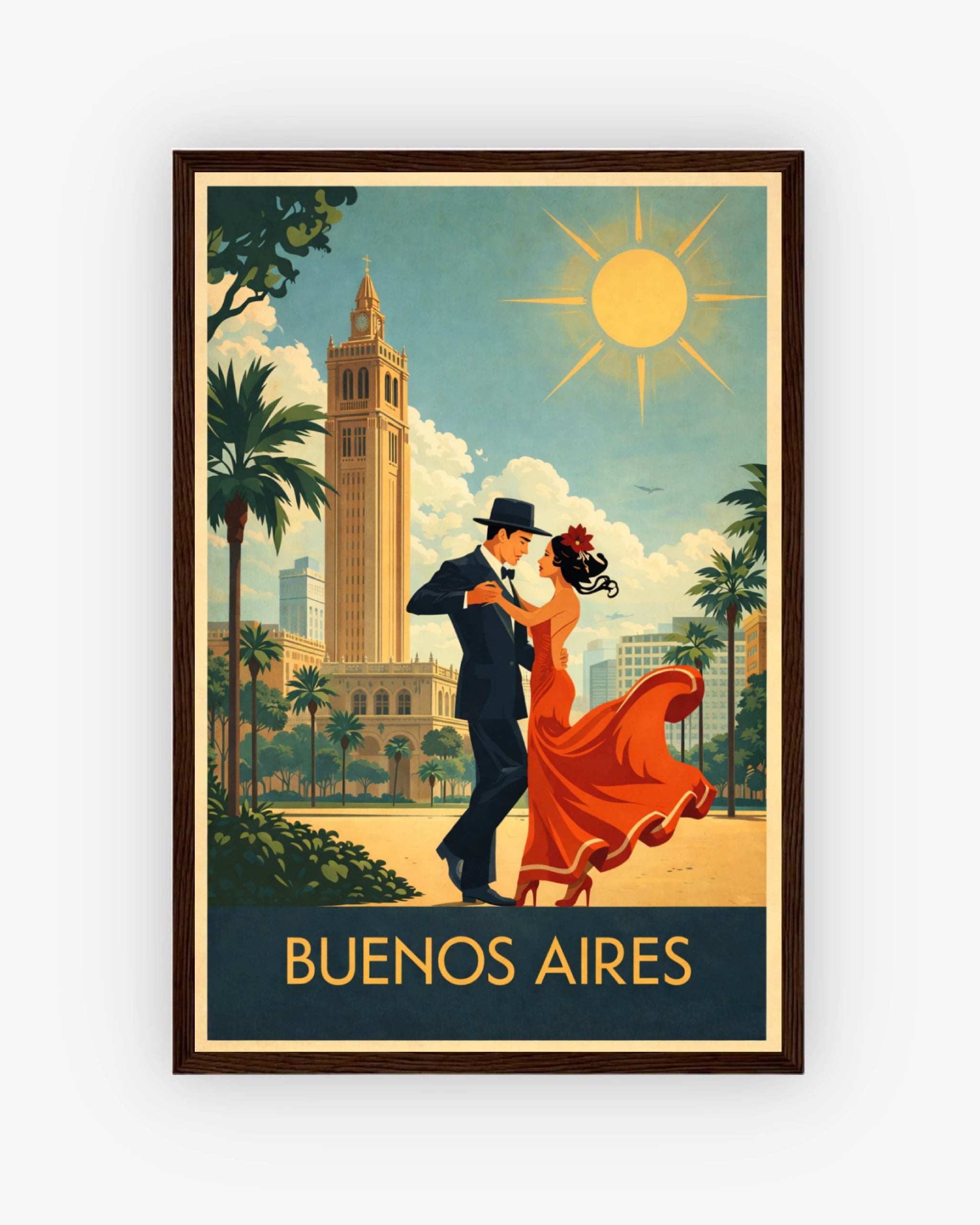 Buenos Aires travel poster with dark wood frame