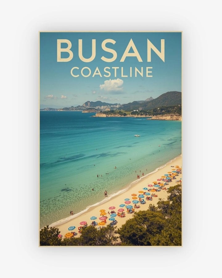 Poster of Busan coastline with colorful umbrellas on a beach.