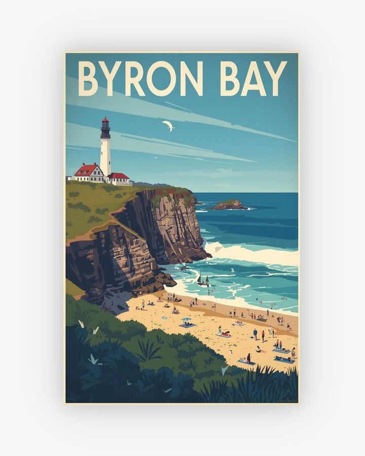 Poster of Byron Bay with a lighthouse, beach, and ocean.