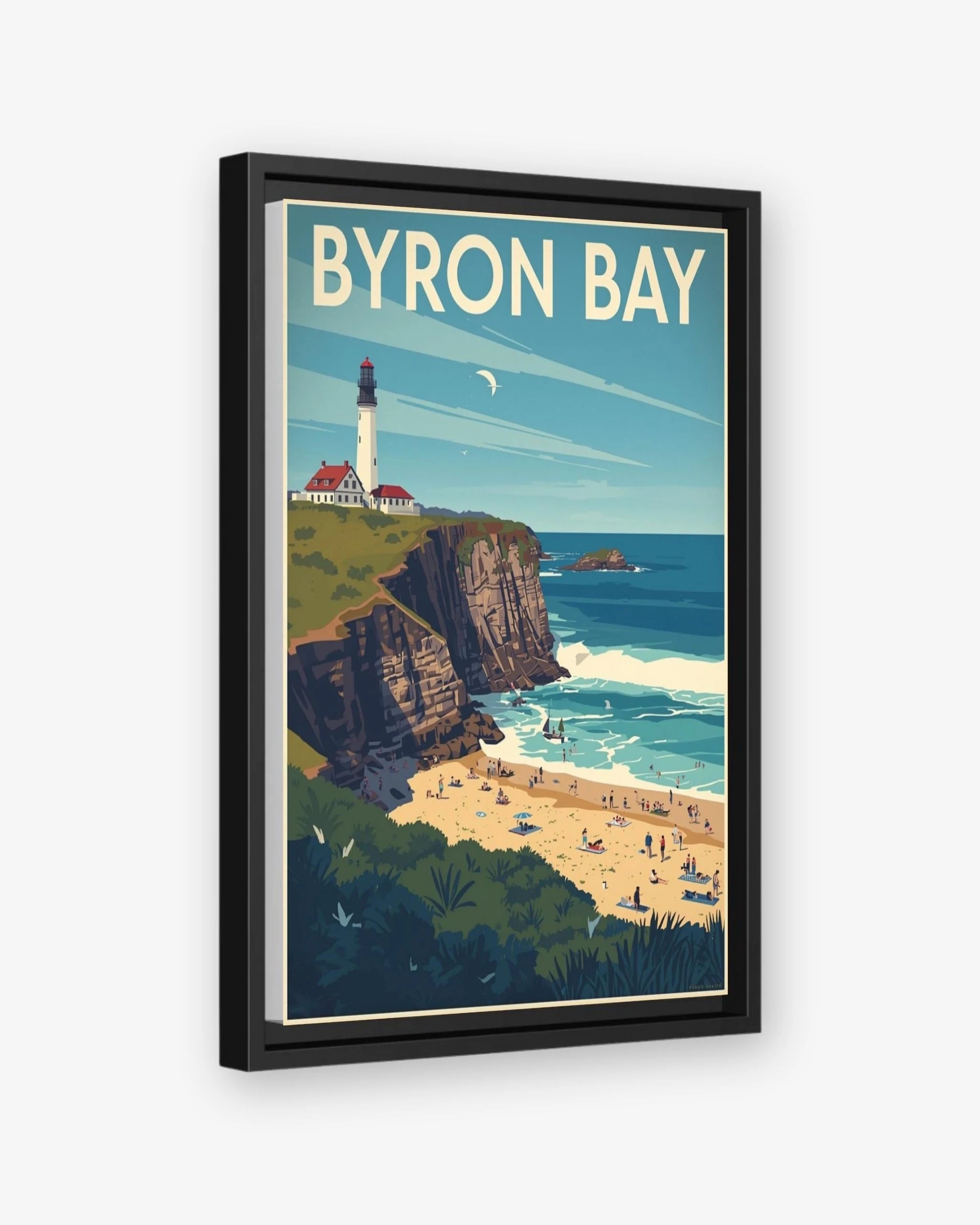 Byron Bay travel poster black framed canvas