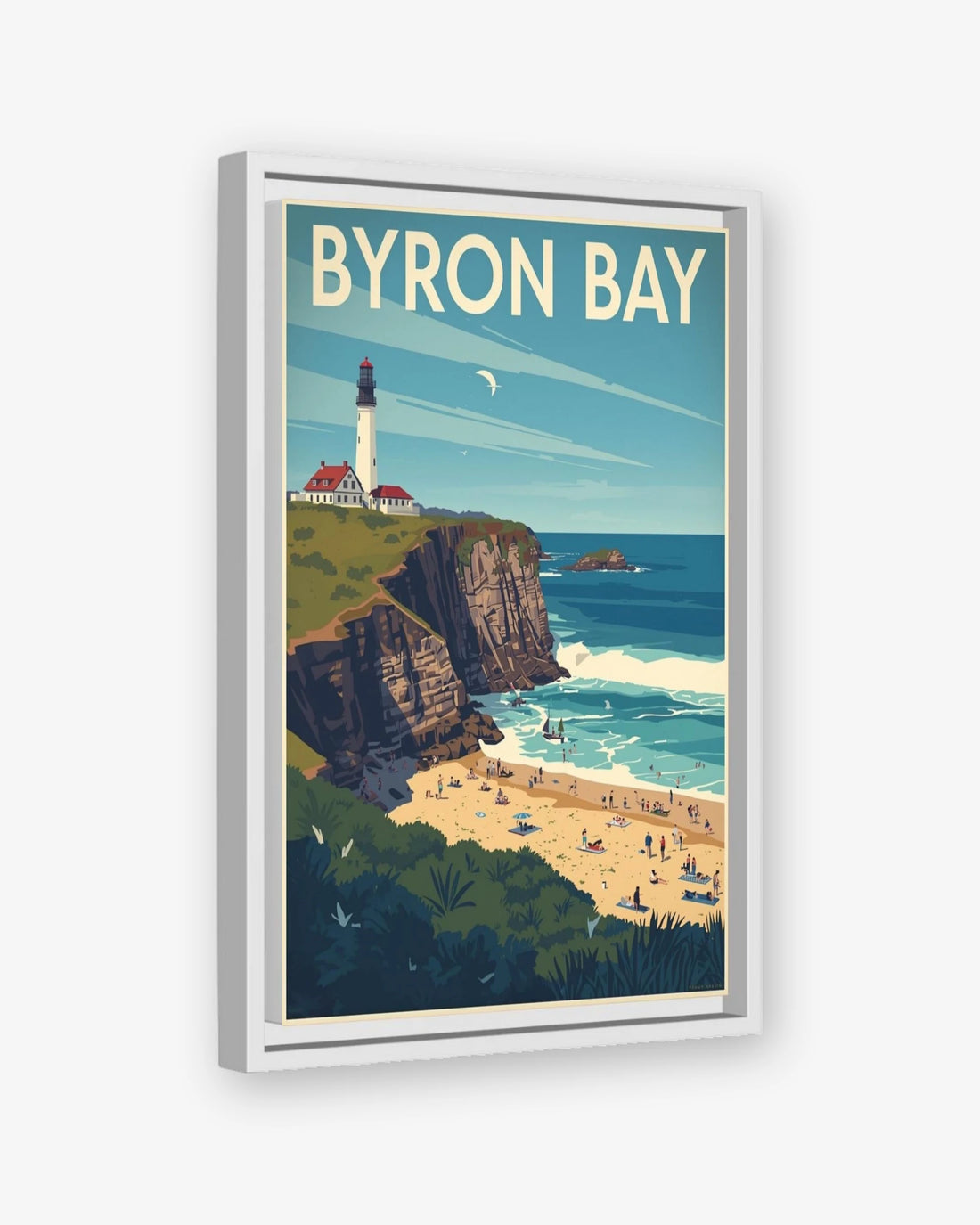 Byron Bay travel poster white framed canvas