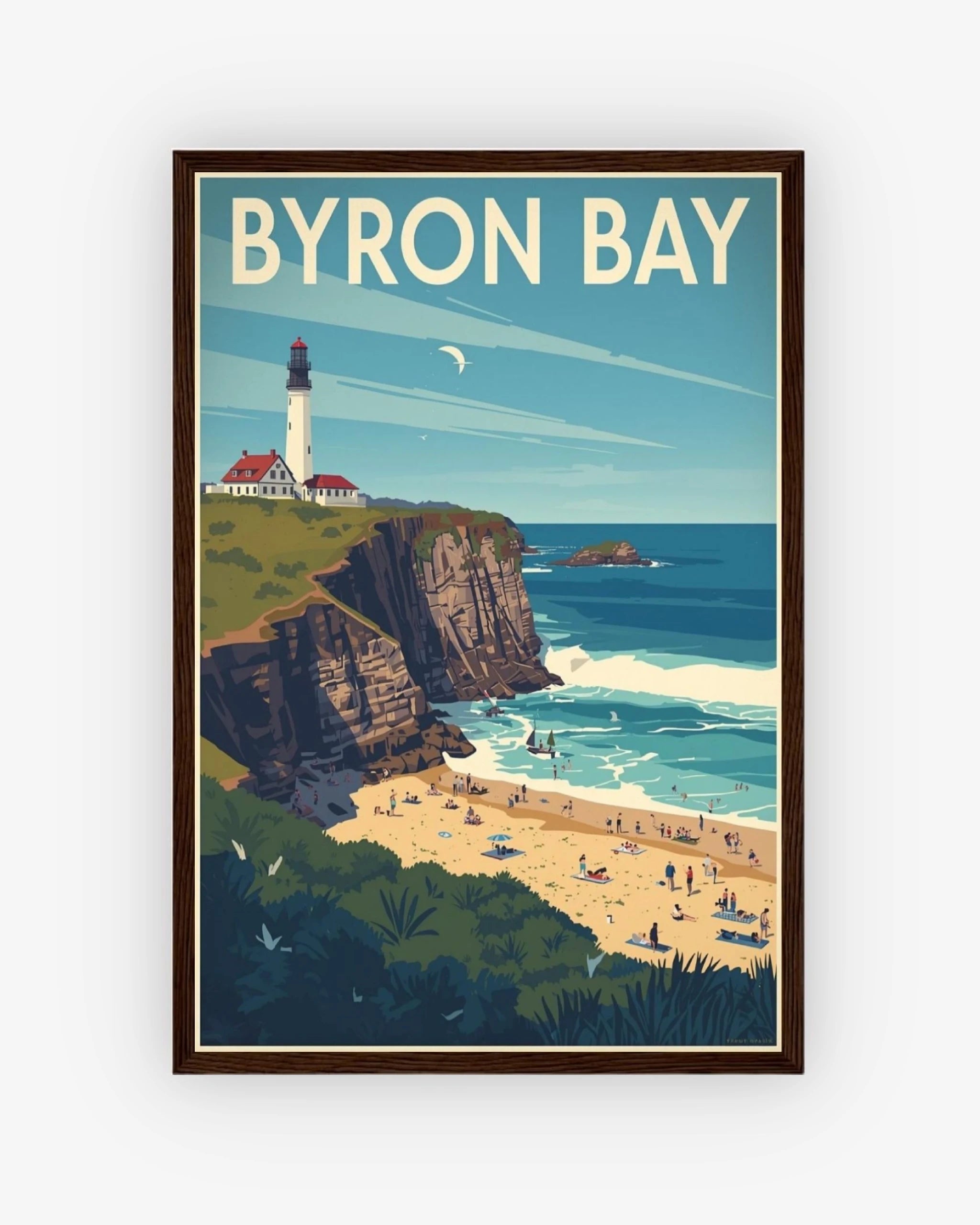 Byron Bay travel poster with dark wood frame