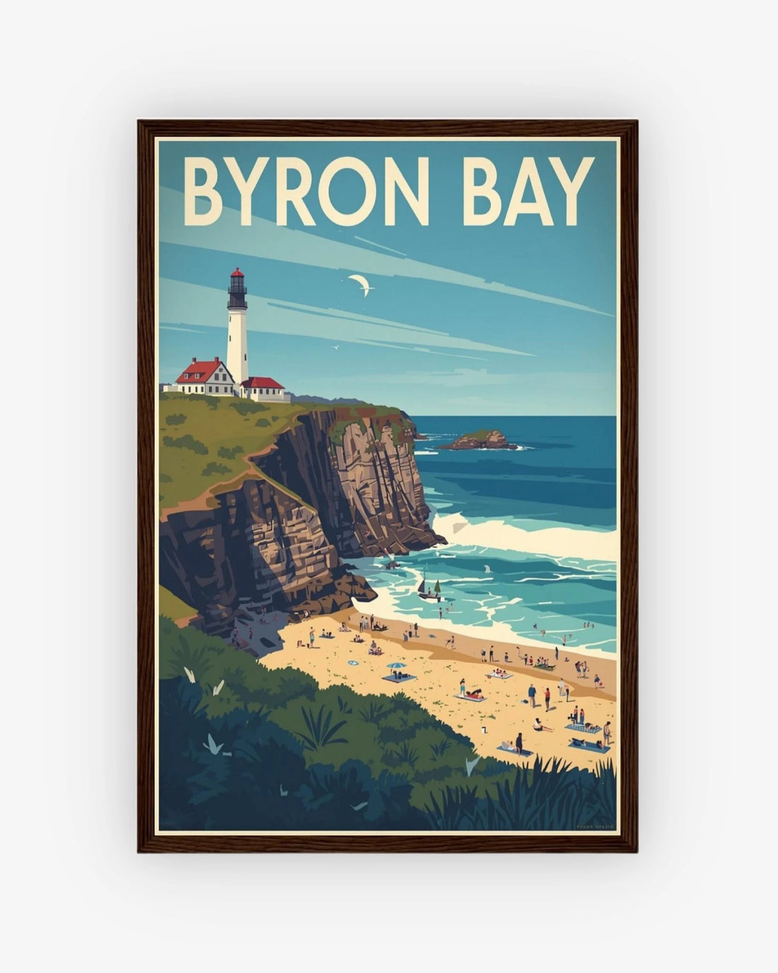 Byron Bay travel poster with dark wood frame