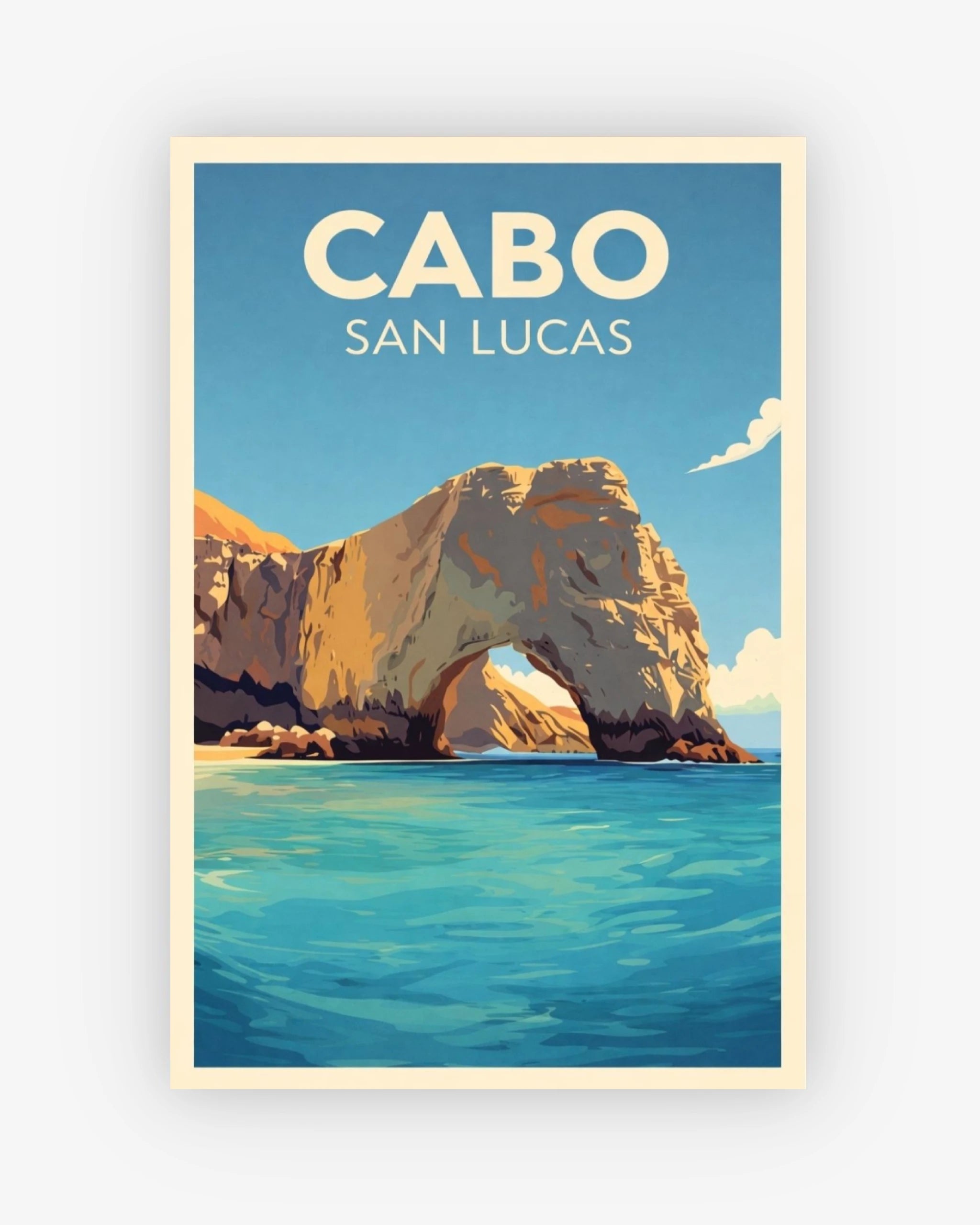 Poster of Cabo San Lucas with a rock formation and ocean.