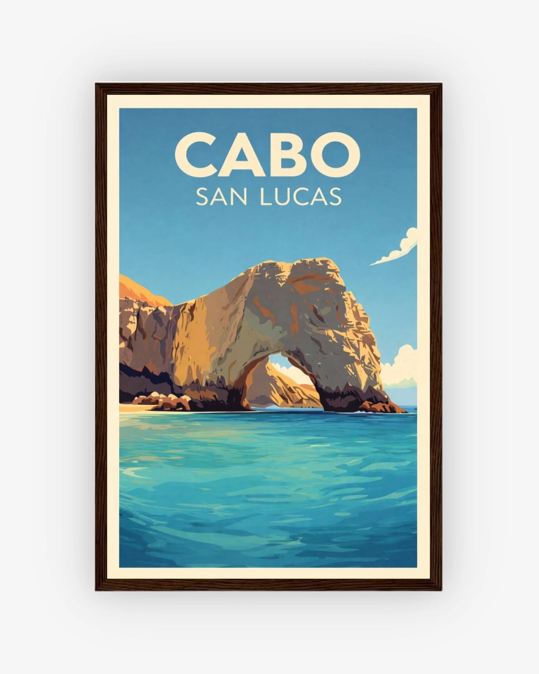 Cabo San Lucas travel poster with dark wood frame