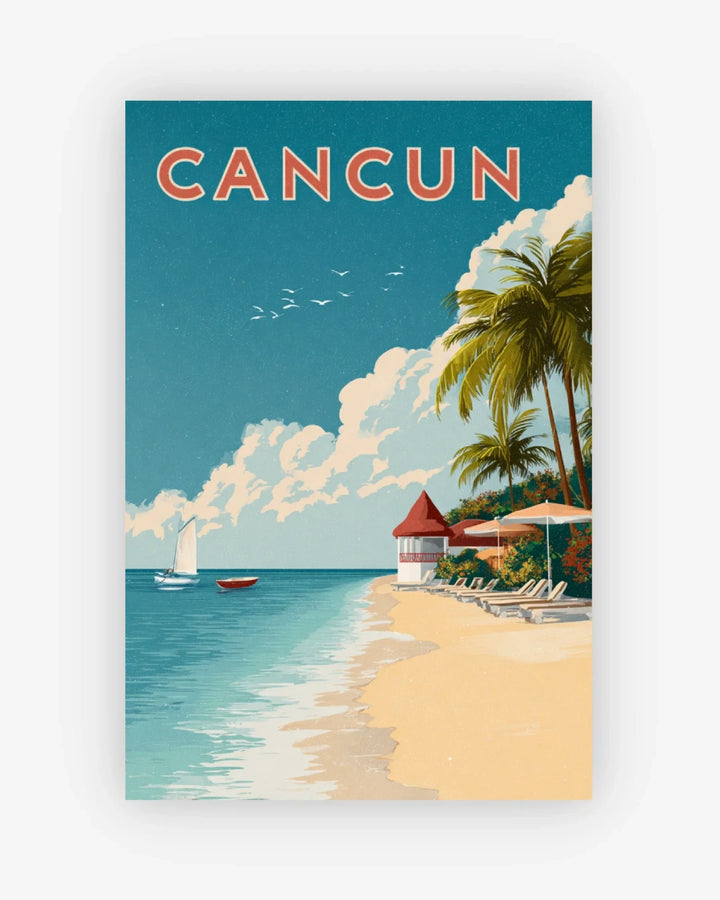 Vintage-style poster of a beach scene with palm trees and 'Cancun' text.