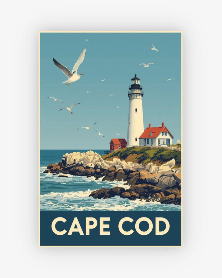 Poster of a lighthouse on Cape Cod with seagulls and rocky coastline.