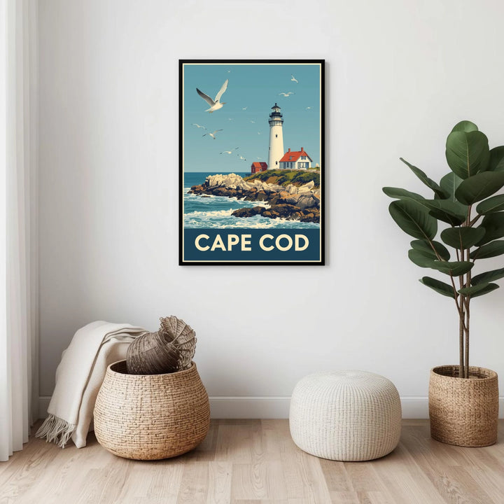 Framed artwork of Cape Cod with a lighthouse on a wall in a room with decor elements.