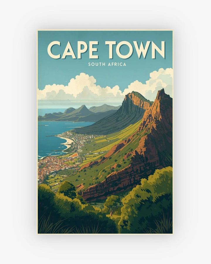 Vintage-style poster of Cape Town, South Africa with a scenic view of Table Mountain.