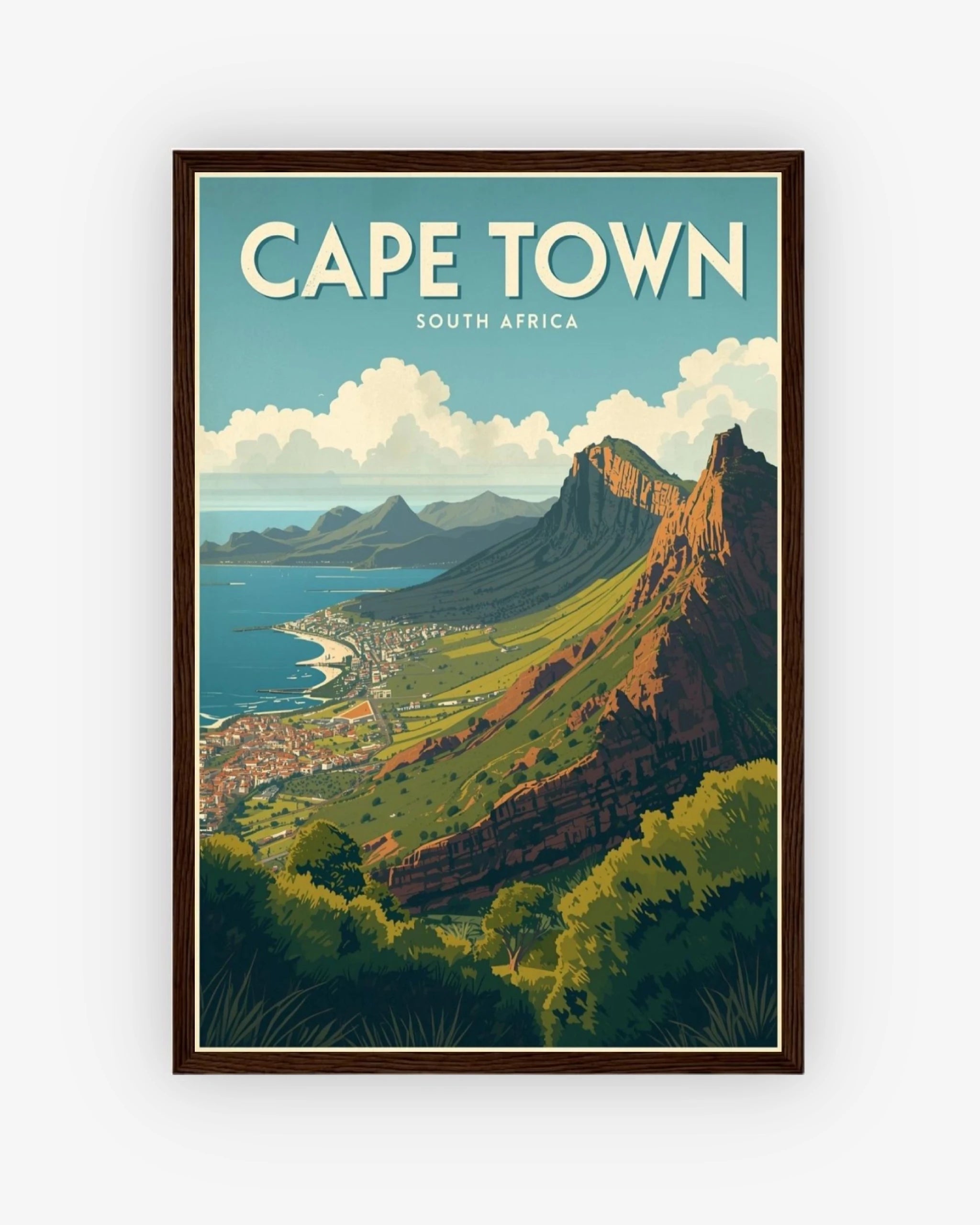 Cape Town South Africa travel poster with dark wood frame