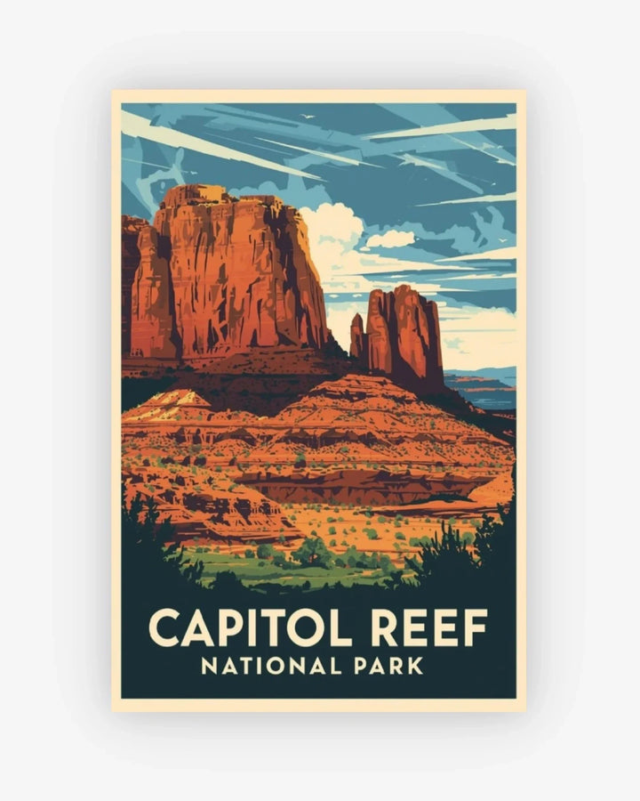 Poster of Capitol Reef National Park with red rock formations and blue sky.