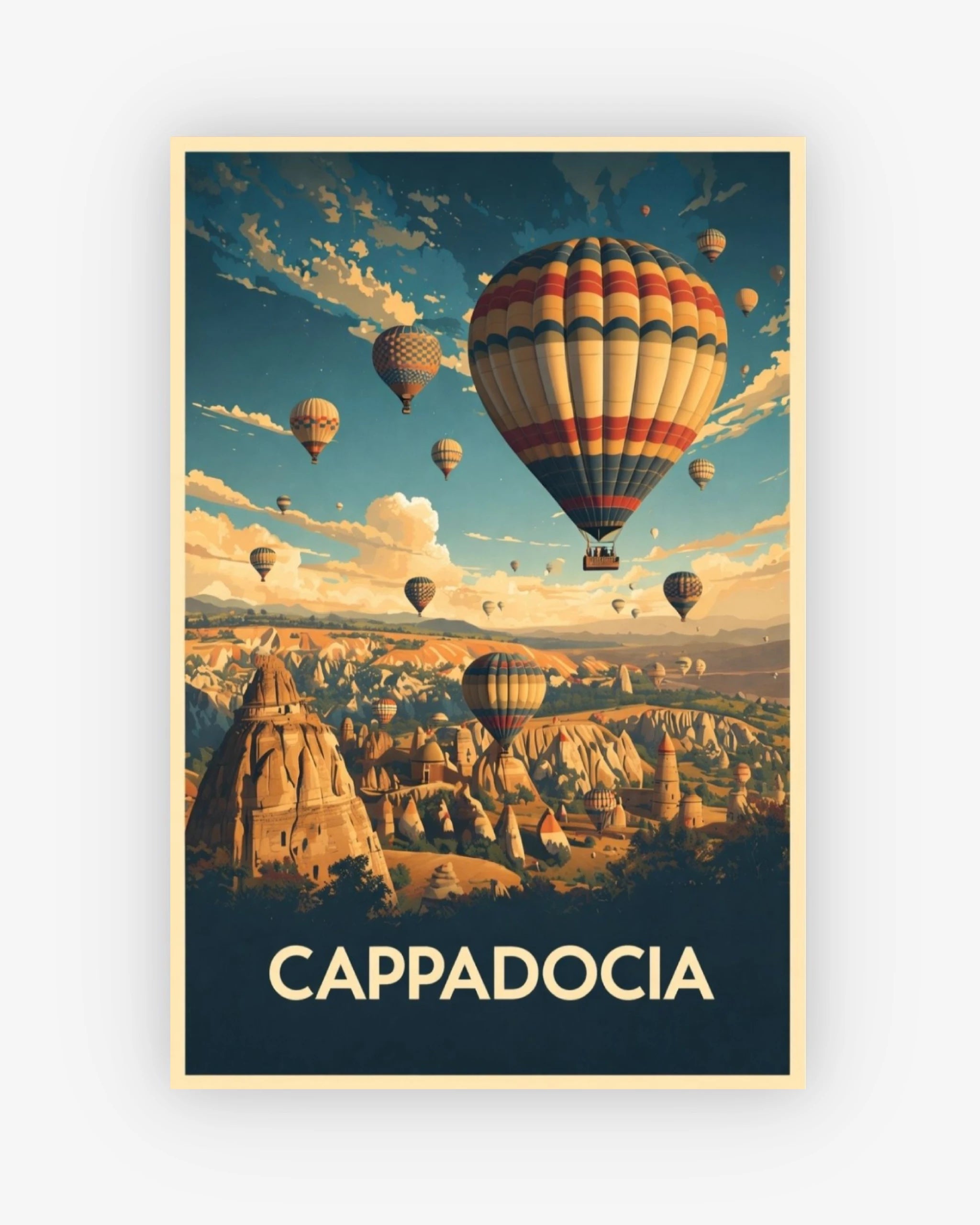 Vintage-style poster of Cappadocia with hot air balloons and rock formations.