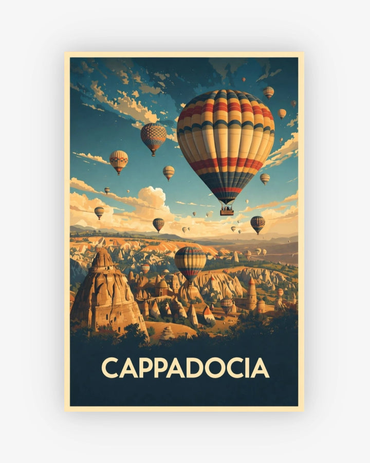 Vintage-style poster of Cappadocia with hot air balloons and rock formations.