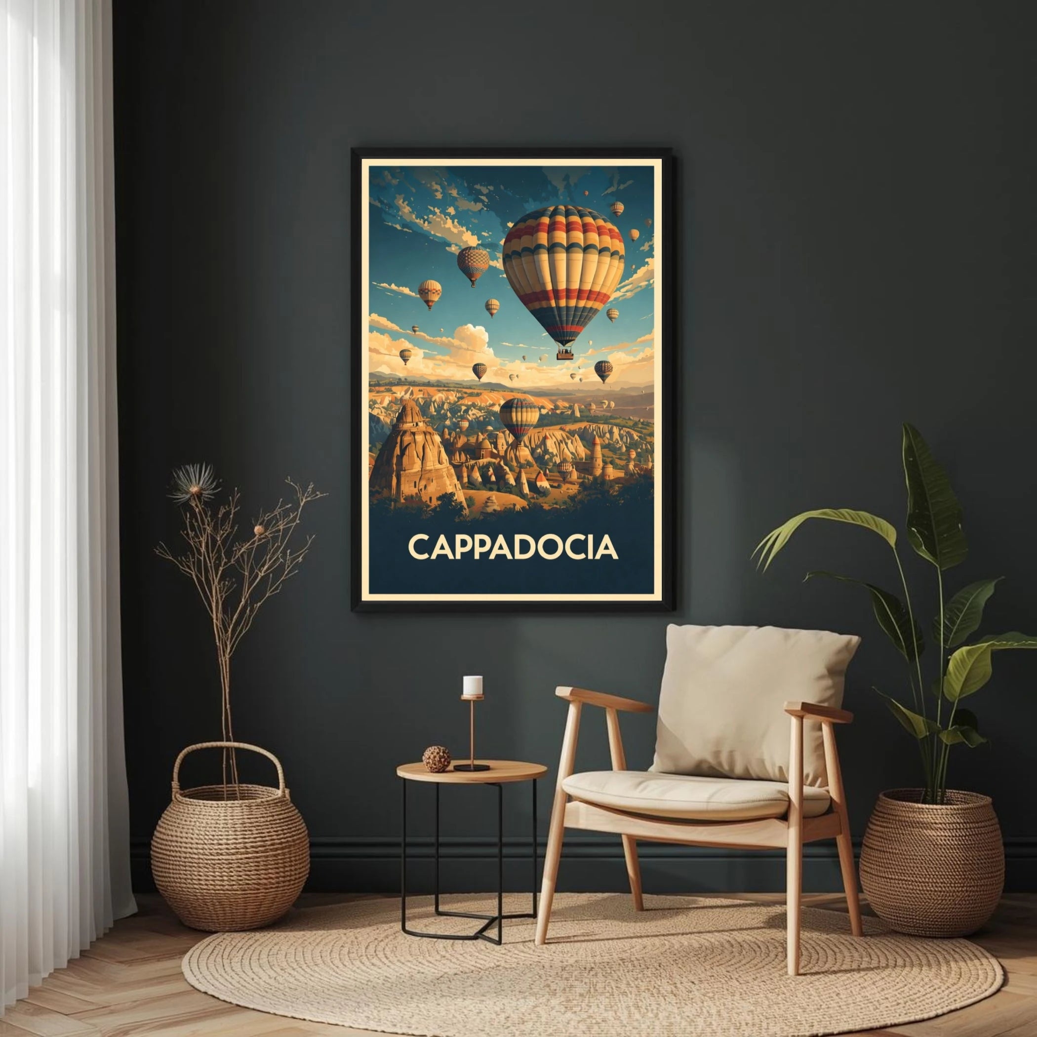 Framed poster of Cappadocia with hot air balloons in a living room setting.
