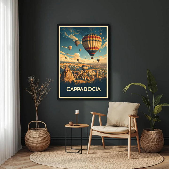 Framed poster of Cappadocia with hot air balloons in a living room setting.