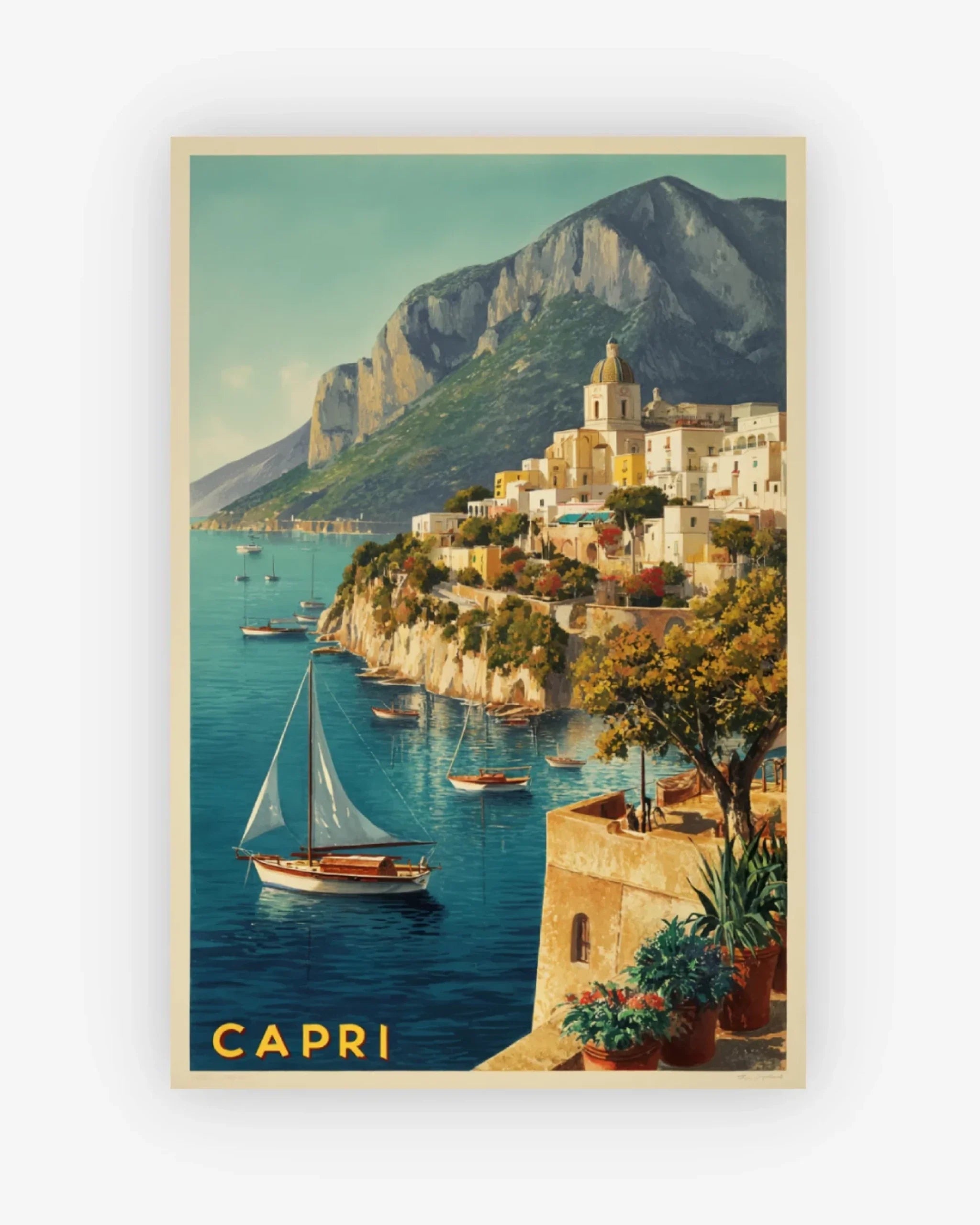 Vintage-style poster of Capri with a sailboat and mountainous background.