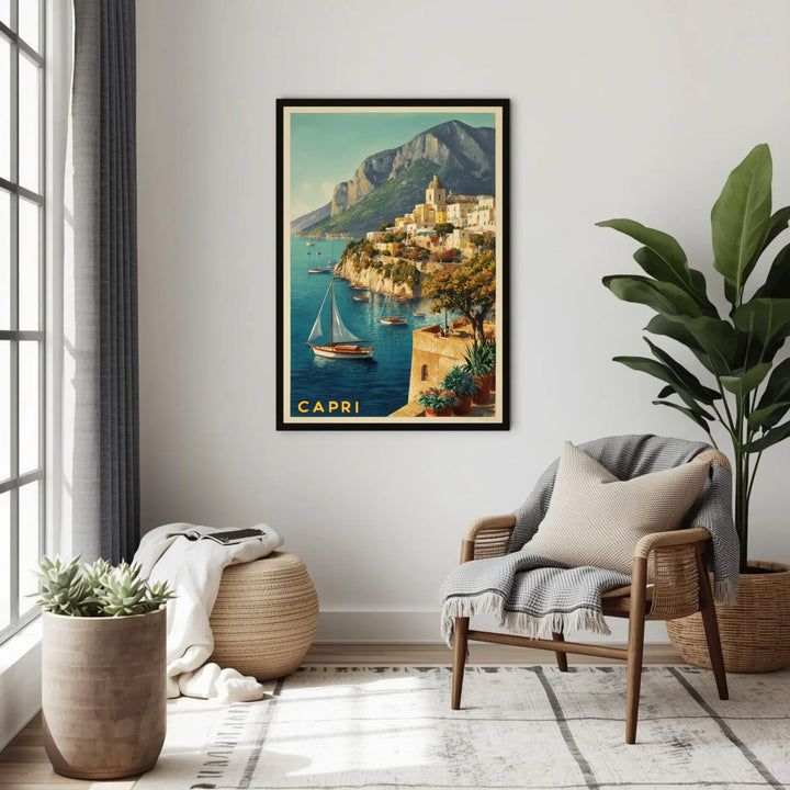 Living room with a framed poster of Capri, Italy, on the wall.