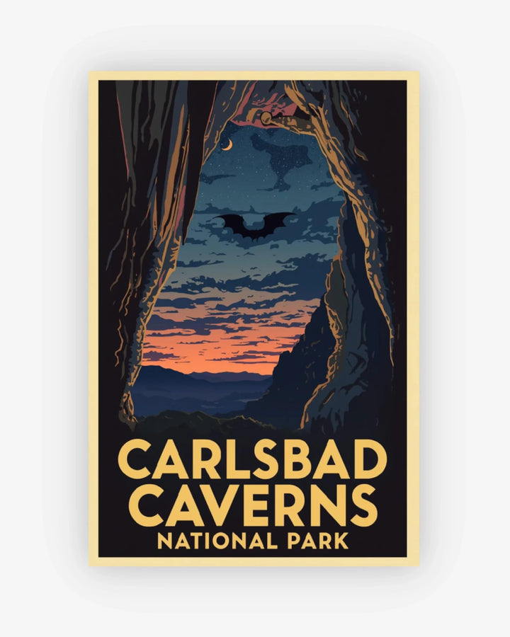 Poster of Carlsbad Caverns National Park with a bat flying over a cave entrance.