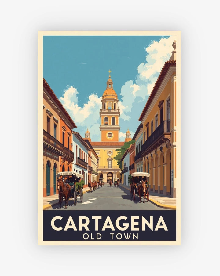 Vintage-style poster of Cartagena Old Town with horse-drawn carriages and a prominent clock tower.
