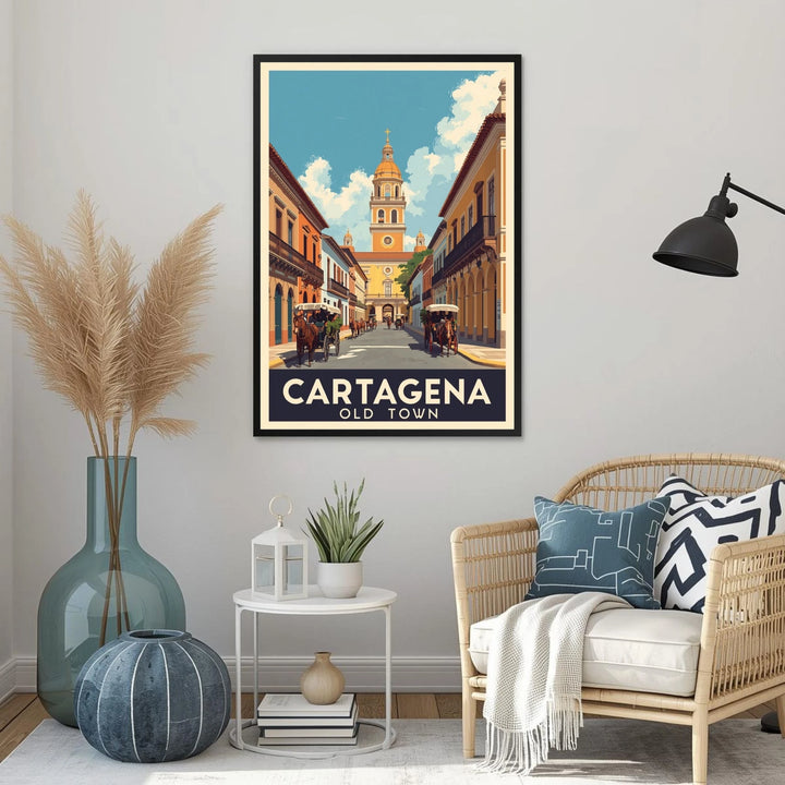 Framed poster of Cartagena Old Town in a living room setting with decor elements.