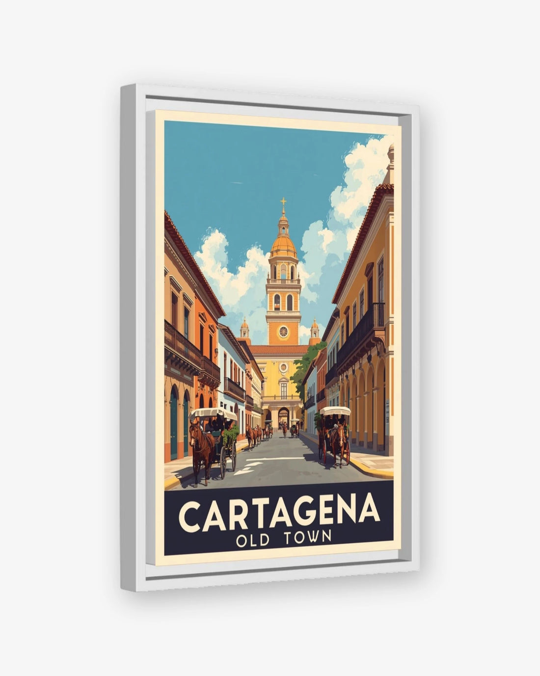 Cartagena Old Town travel poster white framed canvas