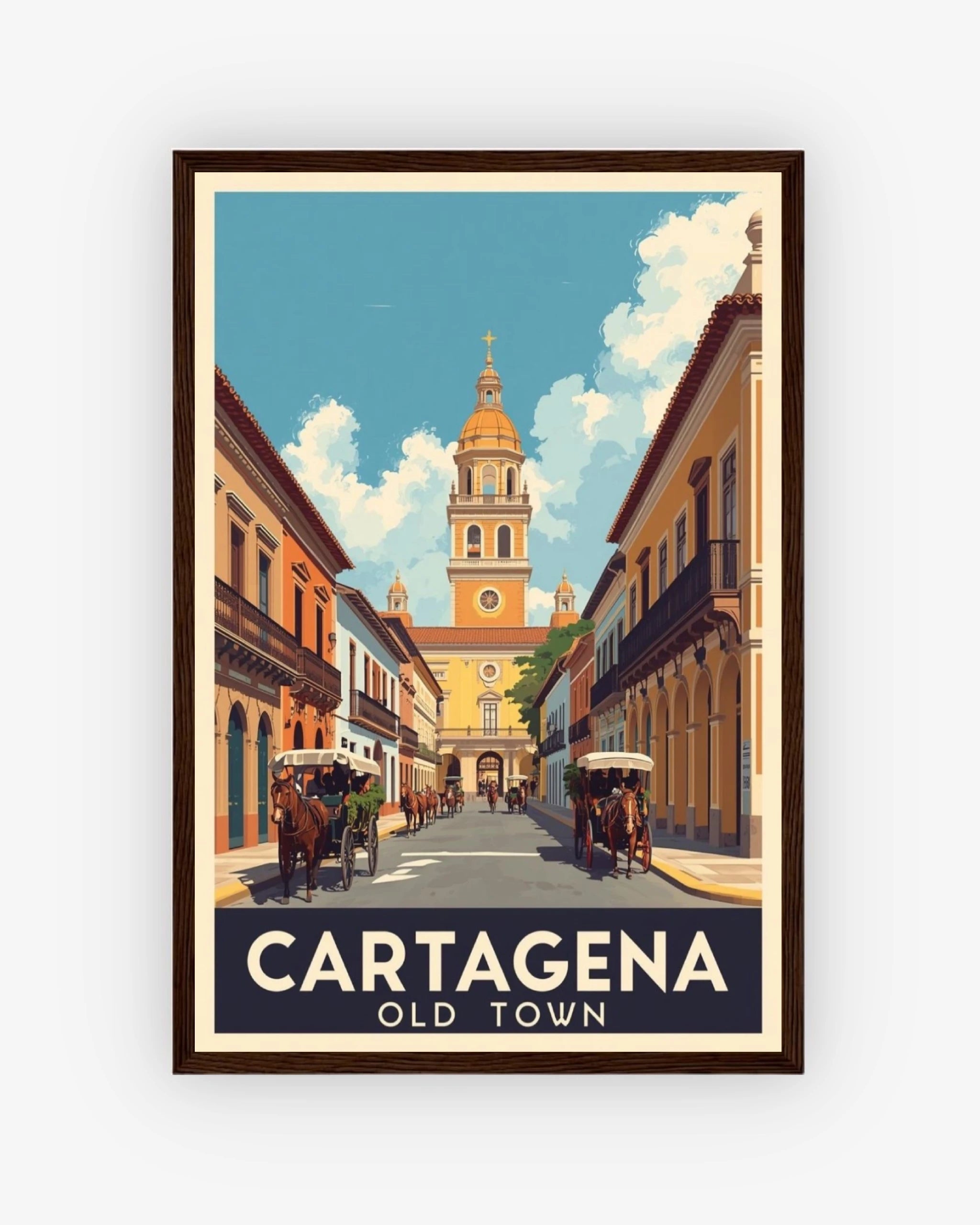 Cartagena Old Town travel poster with dark wood frame