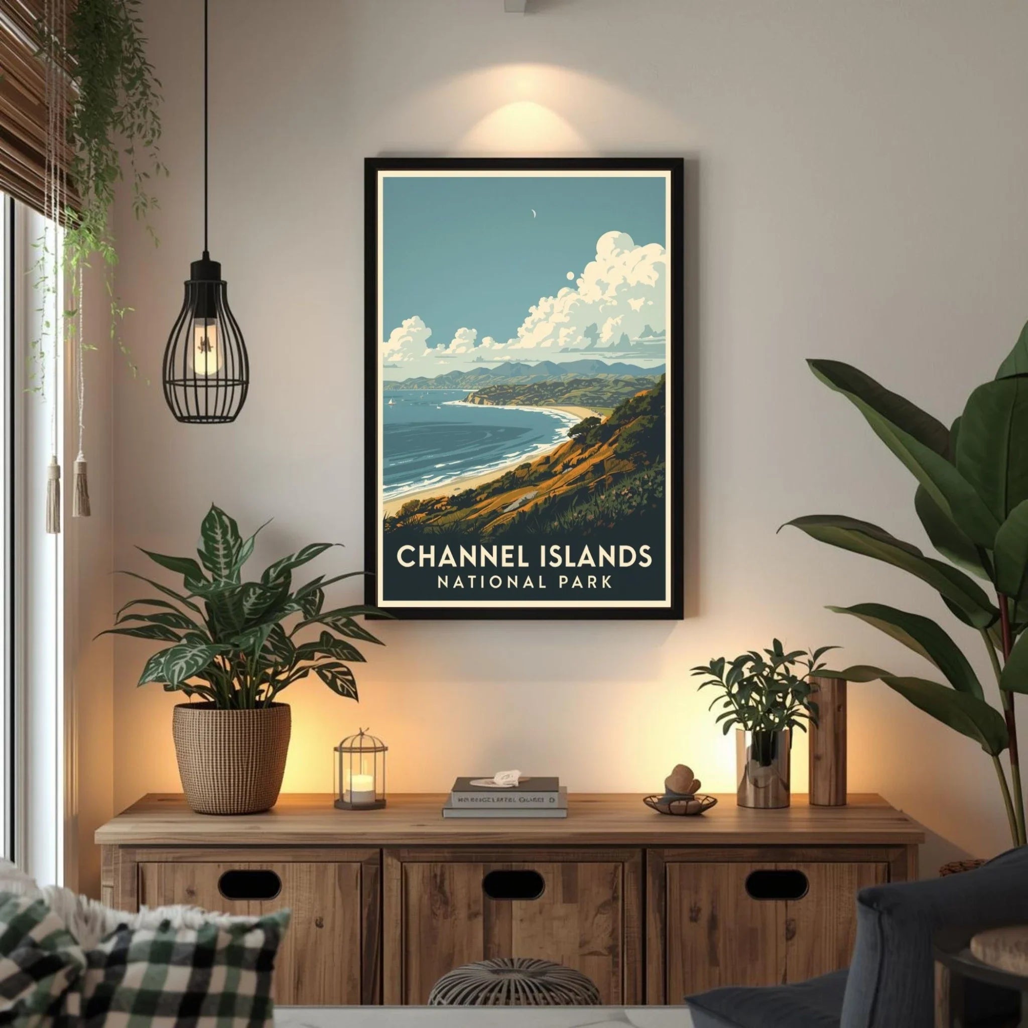 Poster of Channel Islands National Park in a living room setting with plants and a wooden cabinet.