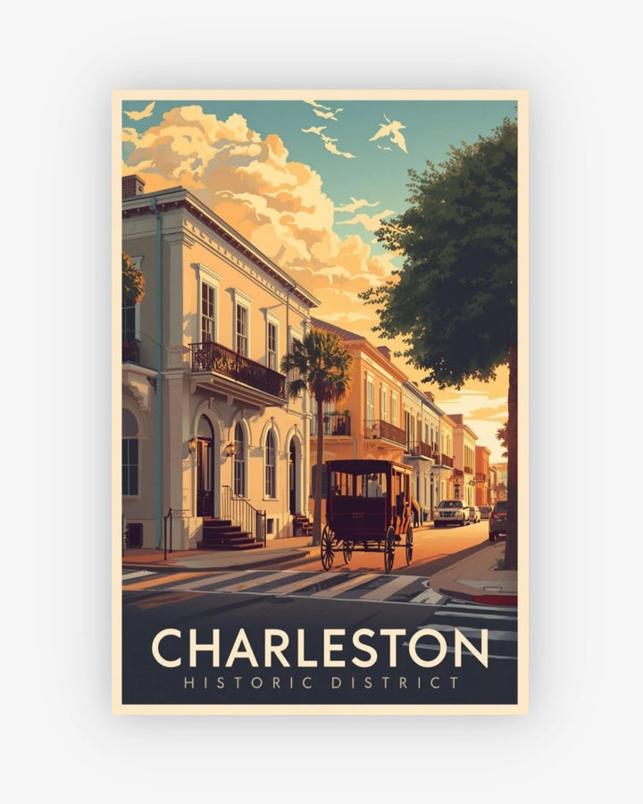 Vintage-style poster of Charleston Historic District with a horse-drawn carriage.