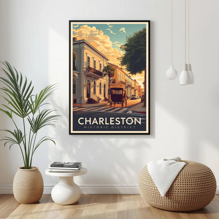 Framed artwork of Charleston with a plant, table, and ottoman in the foreground.