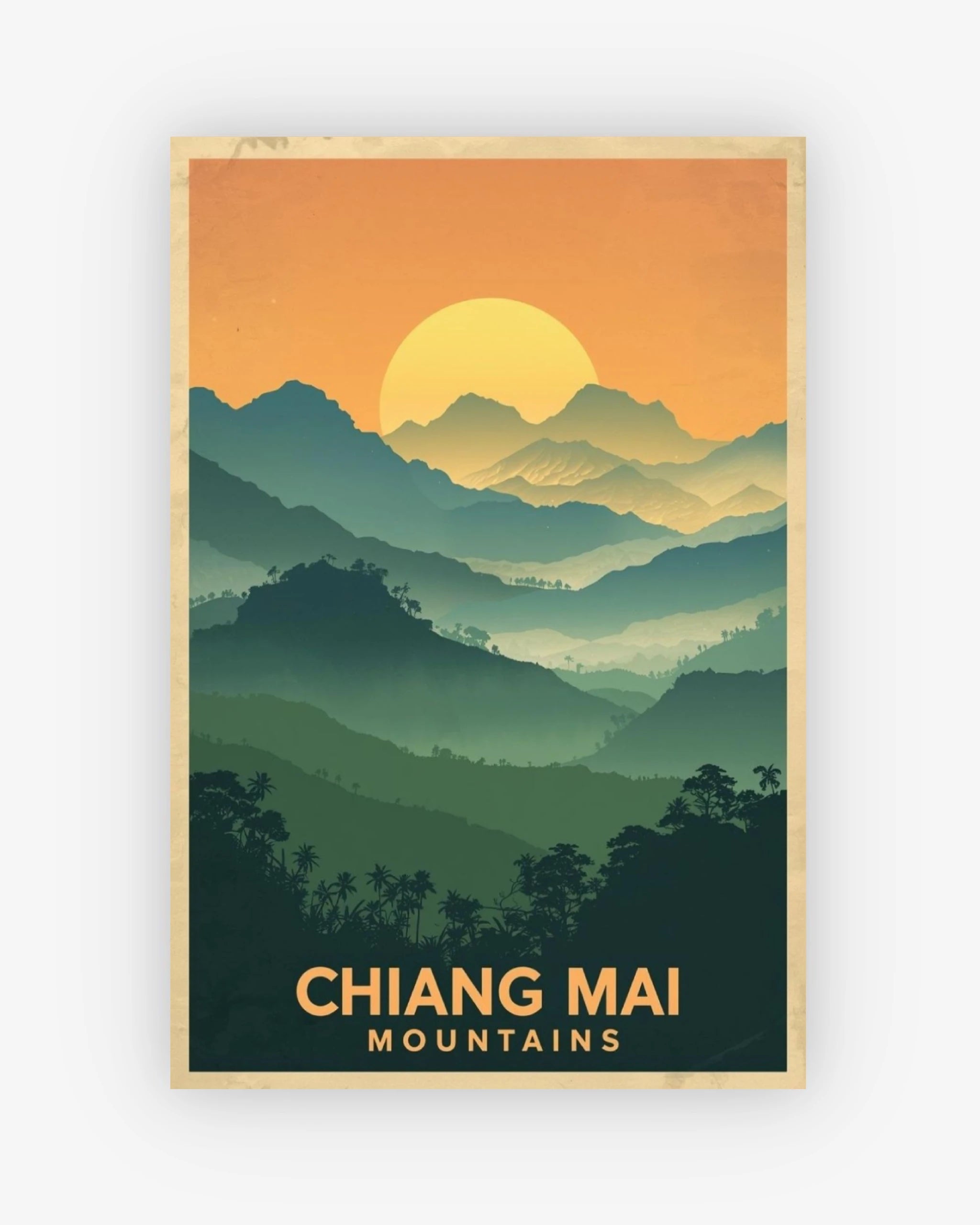 Poster of Chiang Mai mountains with a sunset and green landscape.
