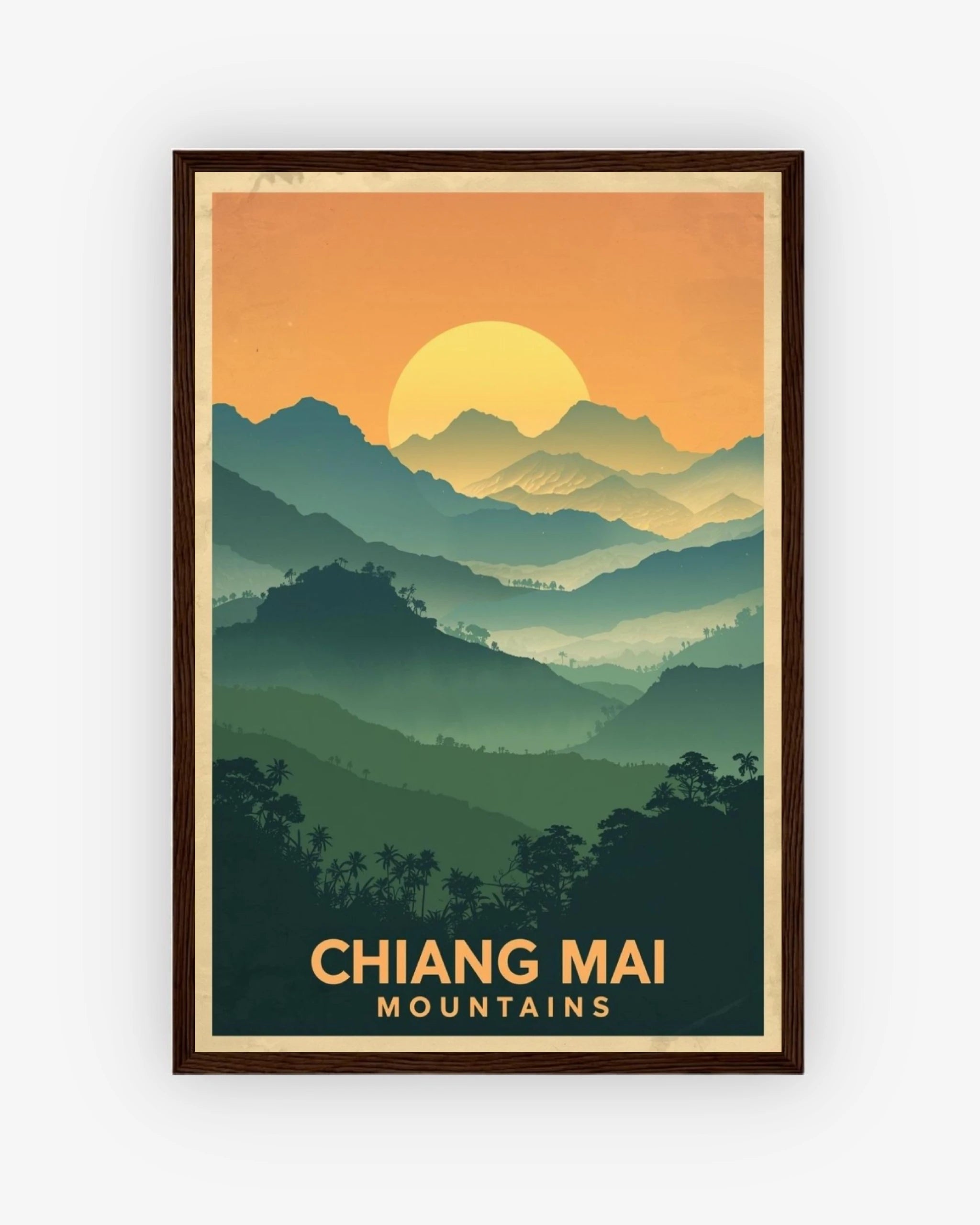 Chiang Mai Mountains travel poster with dark wood frame