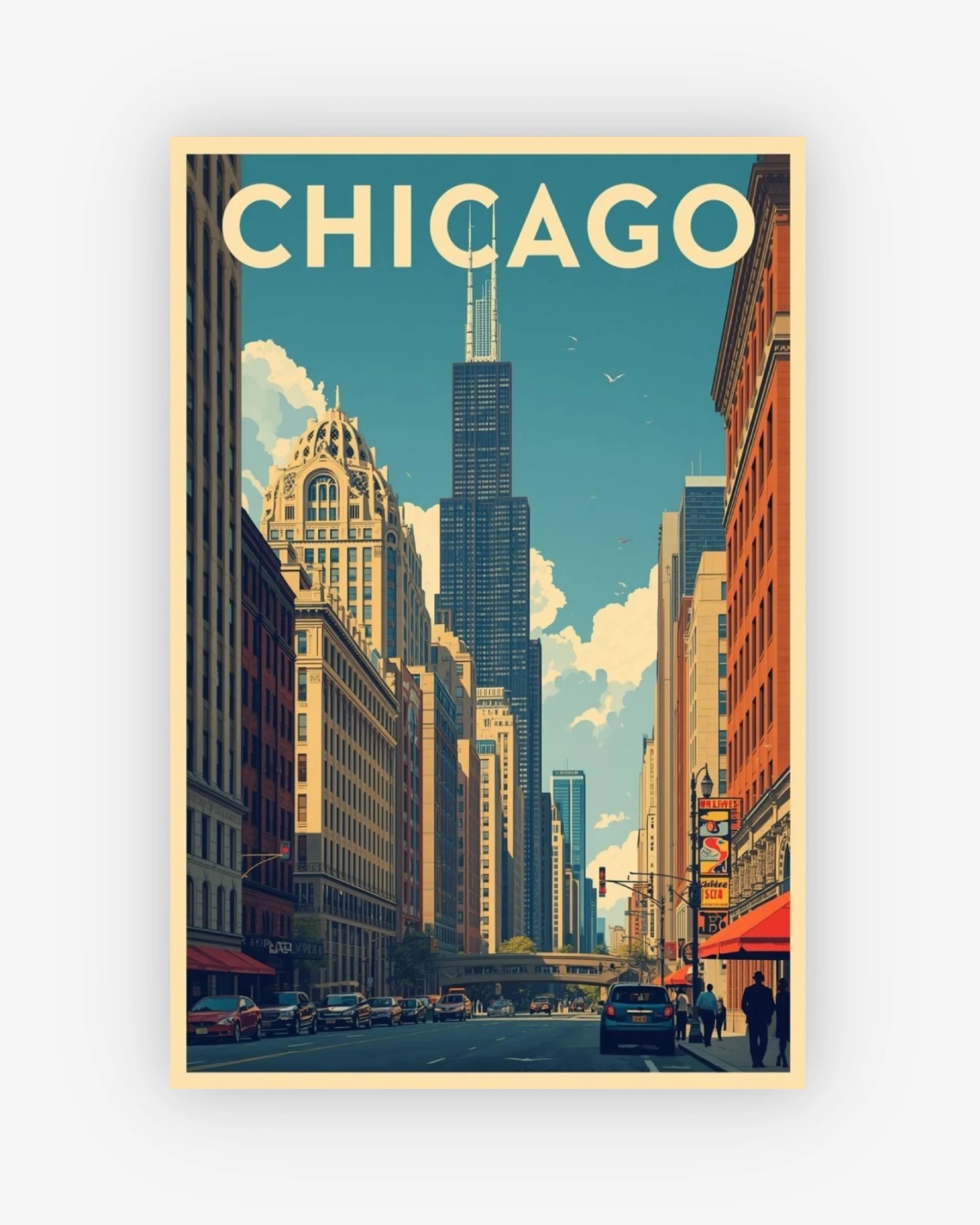 Vintage-style poster of a city street with 'Chicago' text on a blue sky background