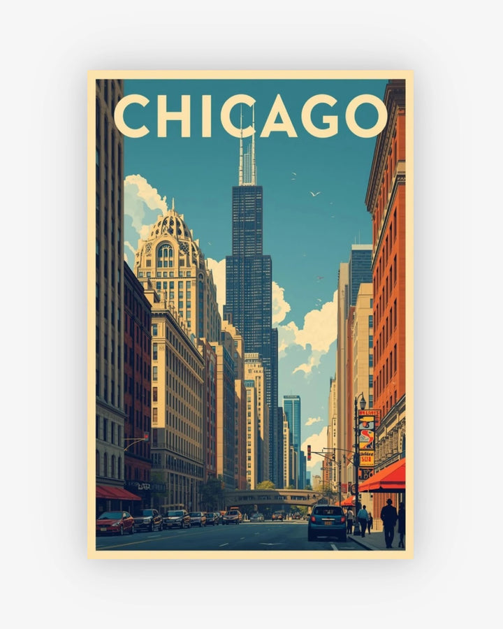 Vintage-style poster of a city street with 'Chicago' text on a blue sky background
