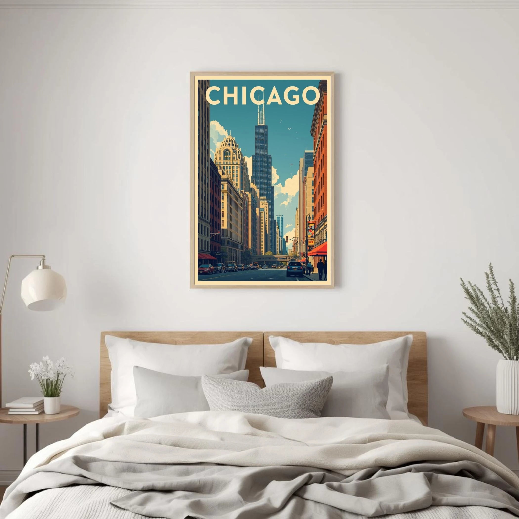 Framed Chicago cityscape poster above a bed in a bedroom.