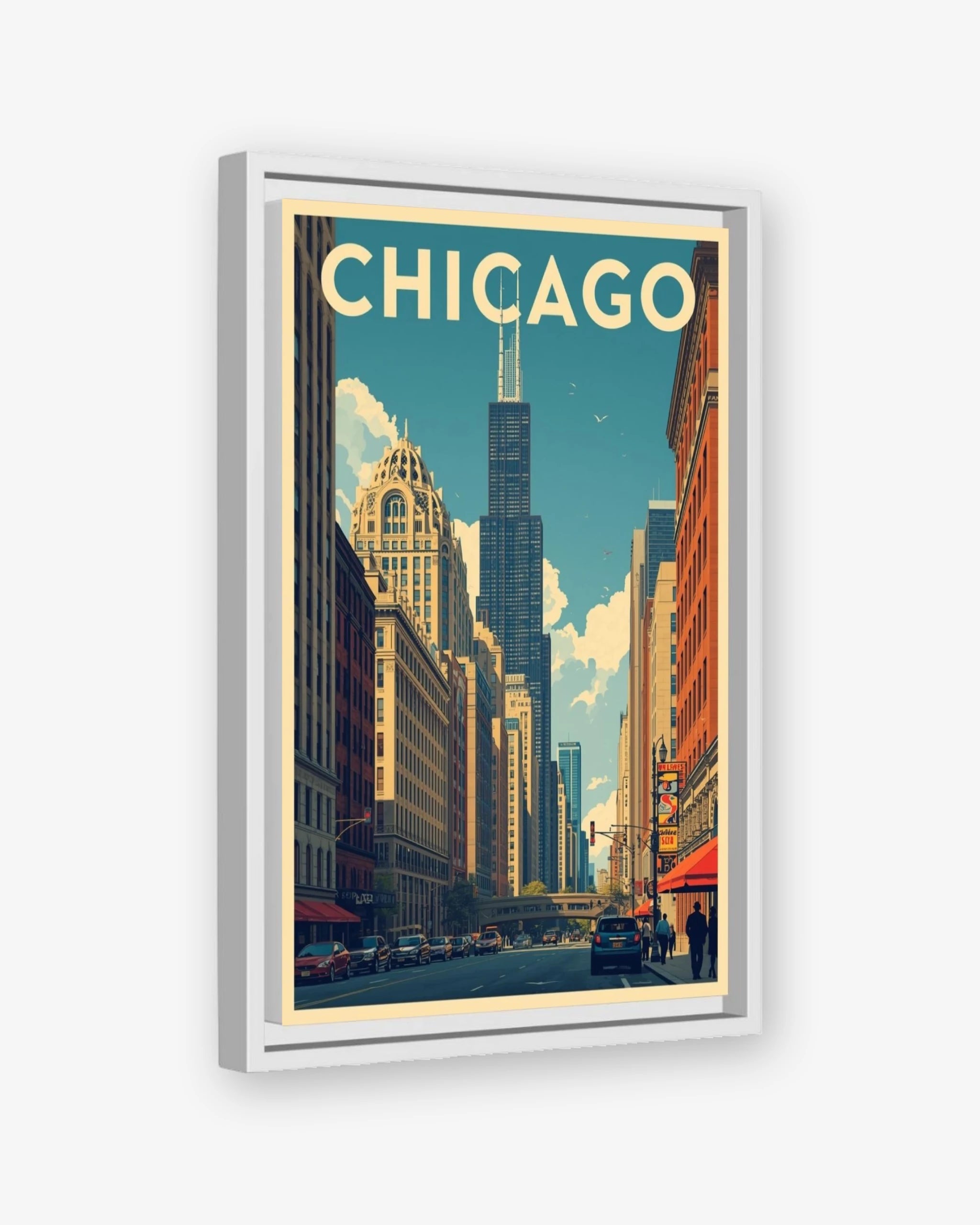 Chicago travel poster white framed canvas