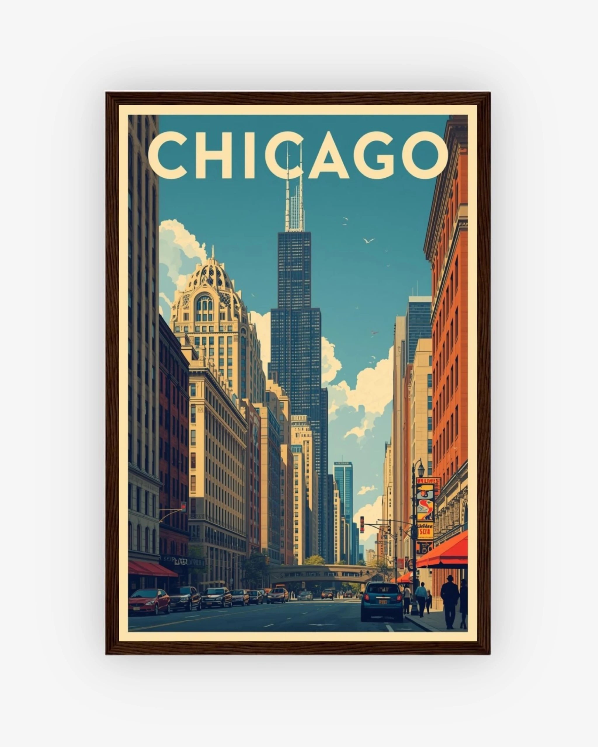 Chicago travel poster with dark wood frame