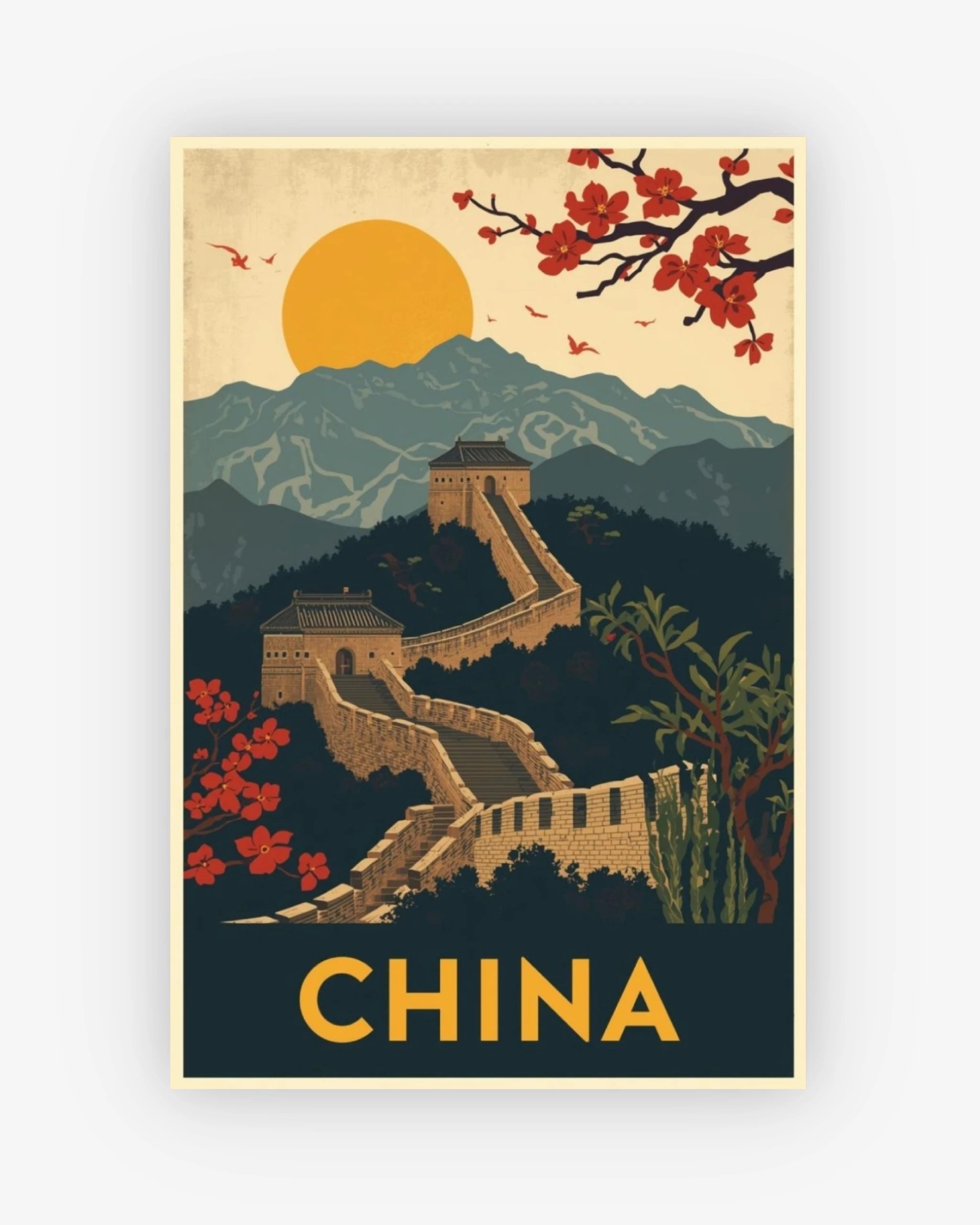 Vintage-style poster of the Great Wall of China with cherry blossoms and a mountainous background.