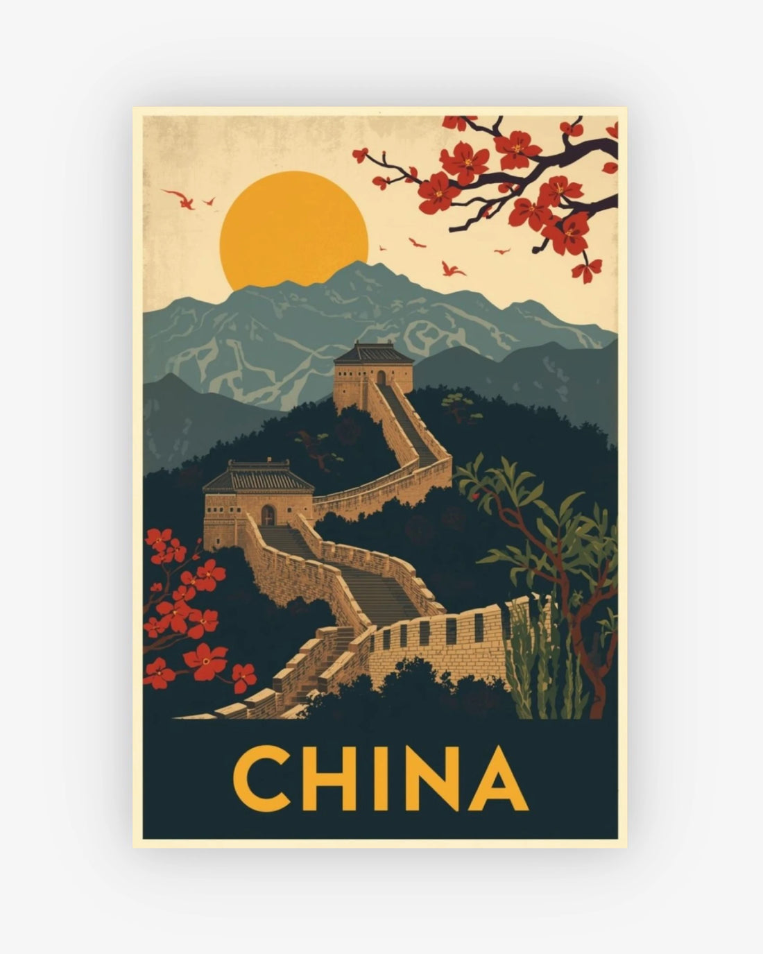 Vintage-style poster of the Great Wall of China with cherry blossoms and a mountainous background.