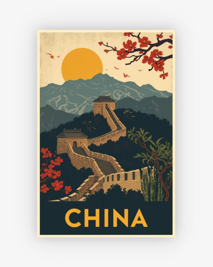 Vintage-style poster of the Great Wall of China with cherry blossoms and a mountainous background.