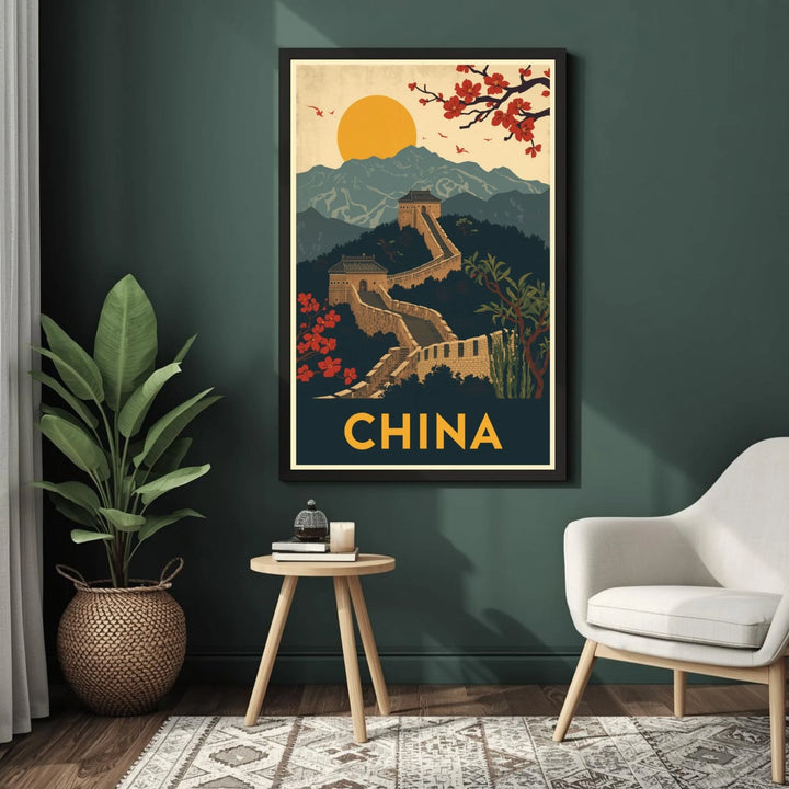 Framed artwork of the Great Wall of China on a wall in a room with a plant and chair.