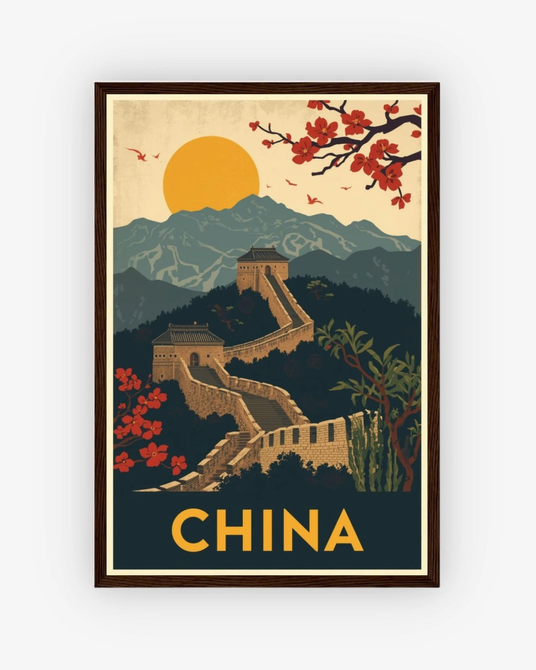 China travel poster with dark wood frame