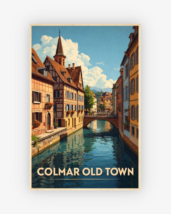 Vintage-style poster of Colmar Old Town with a canal and traditional buildings.