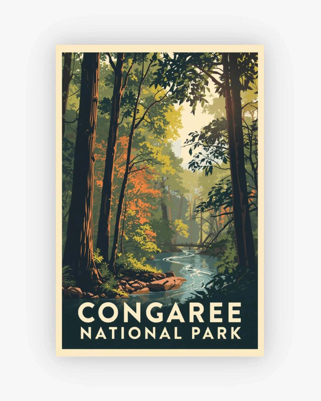 Poster of Congaree National Park with a forest scene and stream.